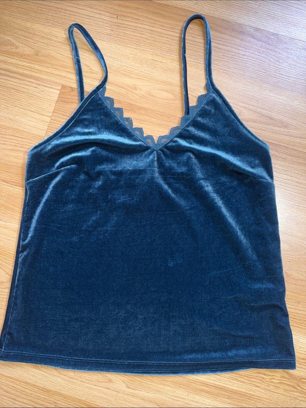 Rock & Roll Cowgirl Velvet V-Neck Camisole Teal Lace Lined Neck Size Small